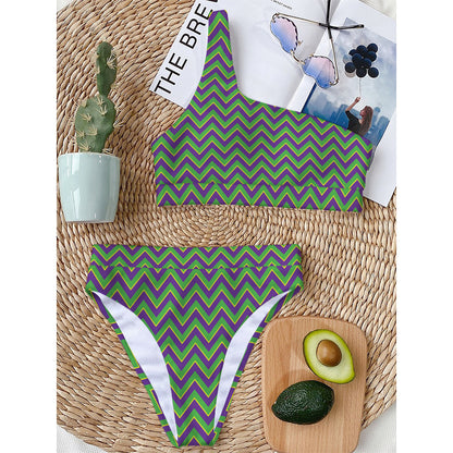 Mardi Gras Zigzag Pattern Print One Shoulder Bikini Top