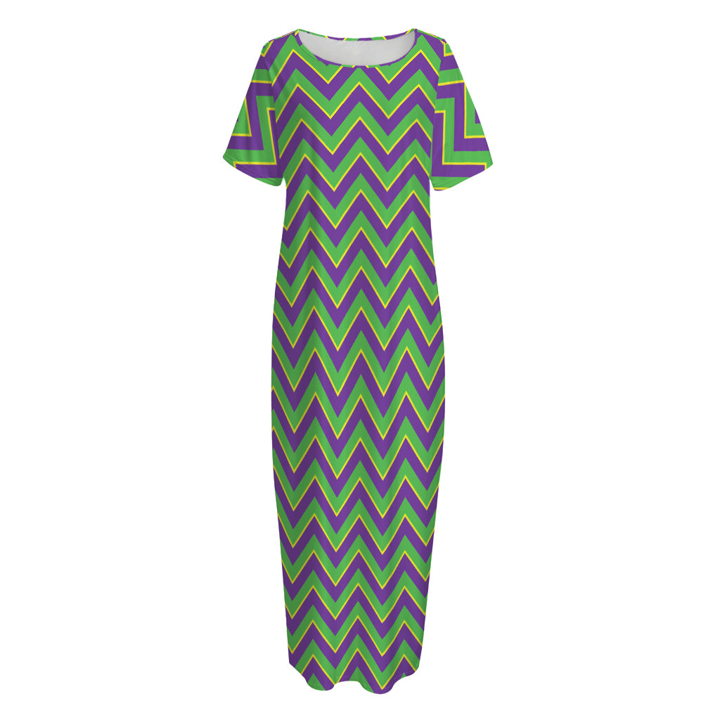 Mardi Gras Zigzag Pattern Print Short Sleeve Long Nightdress