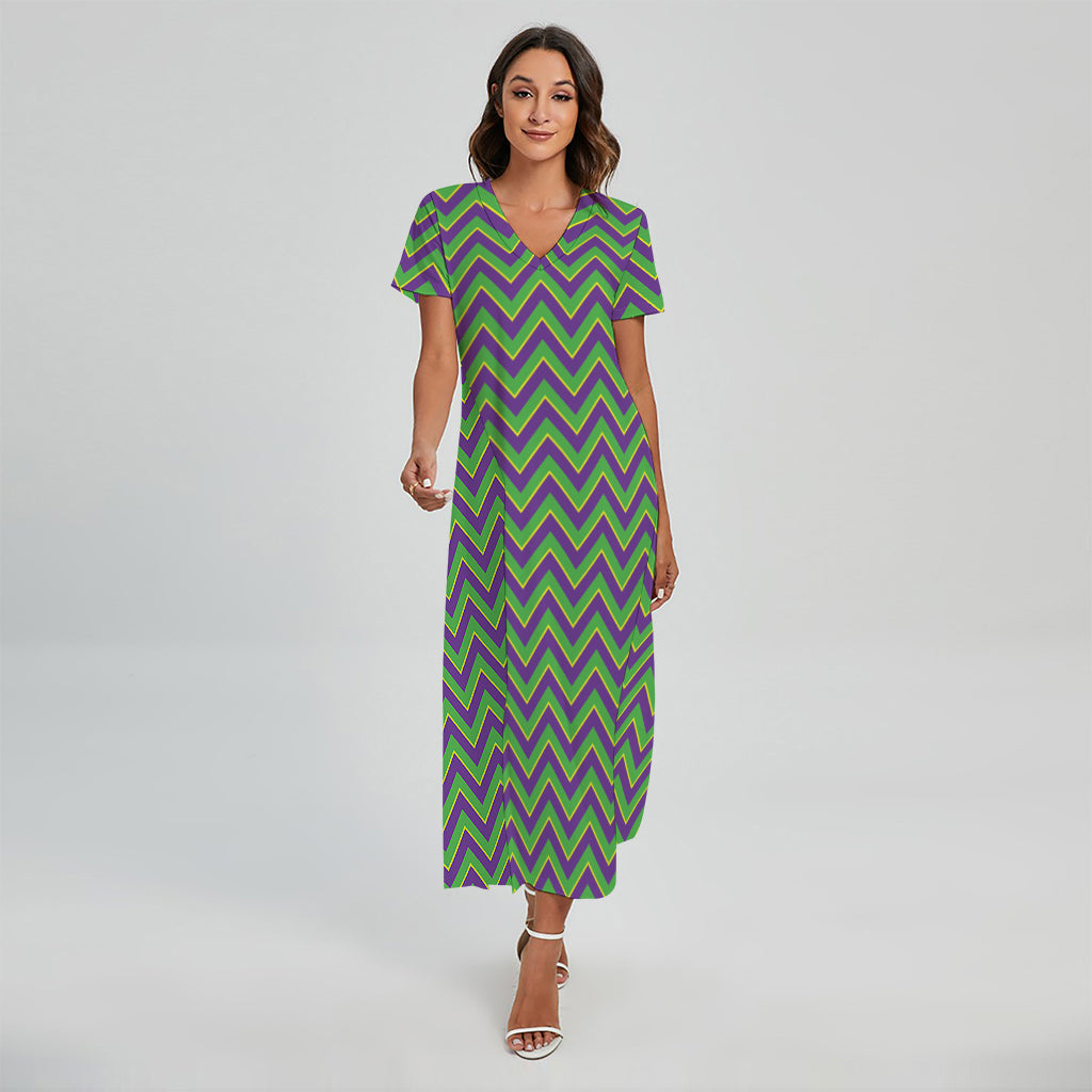 Mardi Gras Zigzag Pattern Print Short Sleeve Maxi Dress