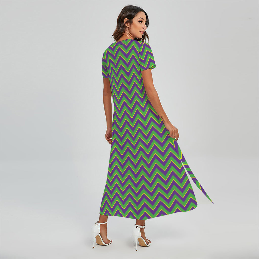 Mardi Gras Zigzag Pattern Print Short Sleeve Maxi Dress