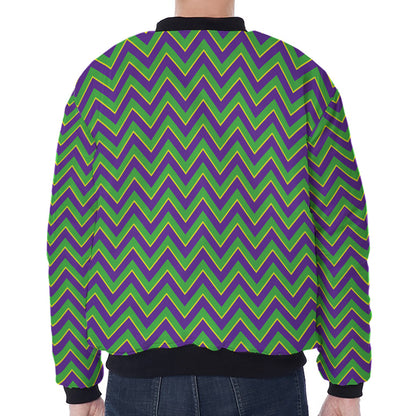 Mardi Gras Zigzag Pattern Print Zip Sleeve Bomber Jacket