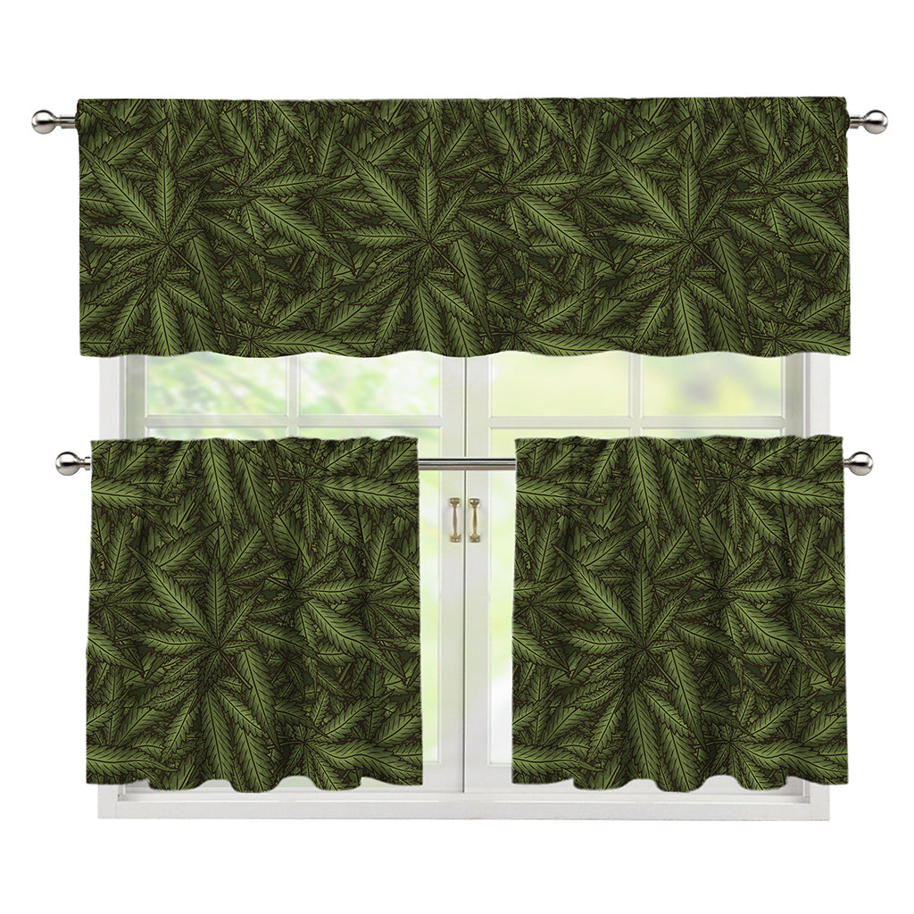 Marijuana Leaf Pattern Print 3 Piece Kitchen Curtains