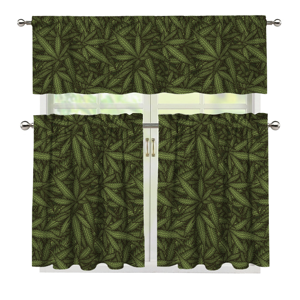 Marijuana Leaf Pattern Print 3 Piece Kitchen Curtains