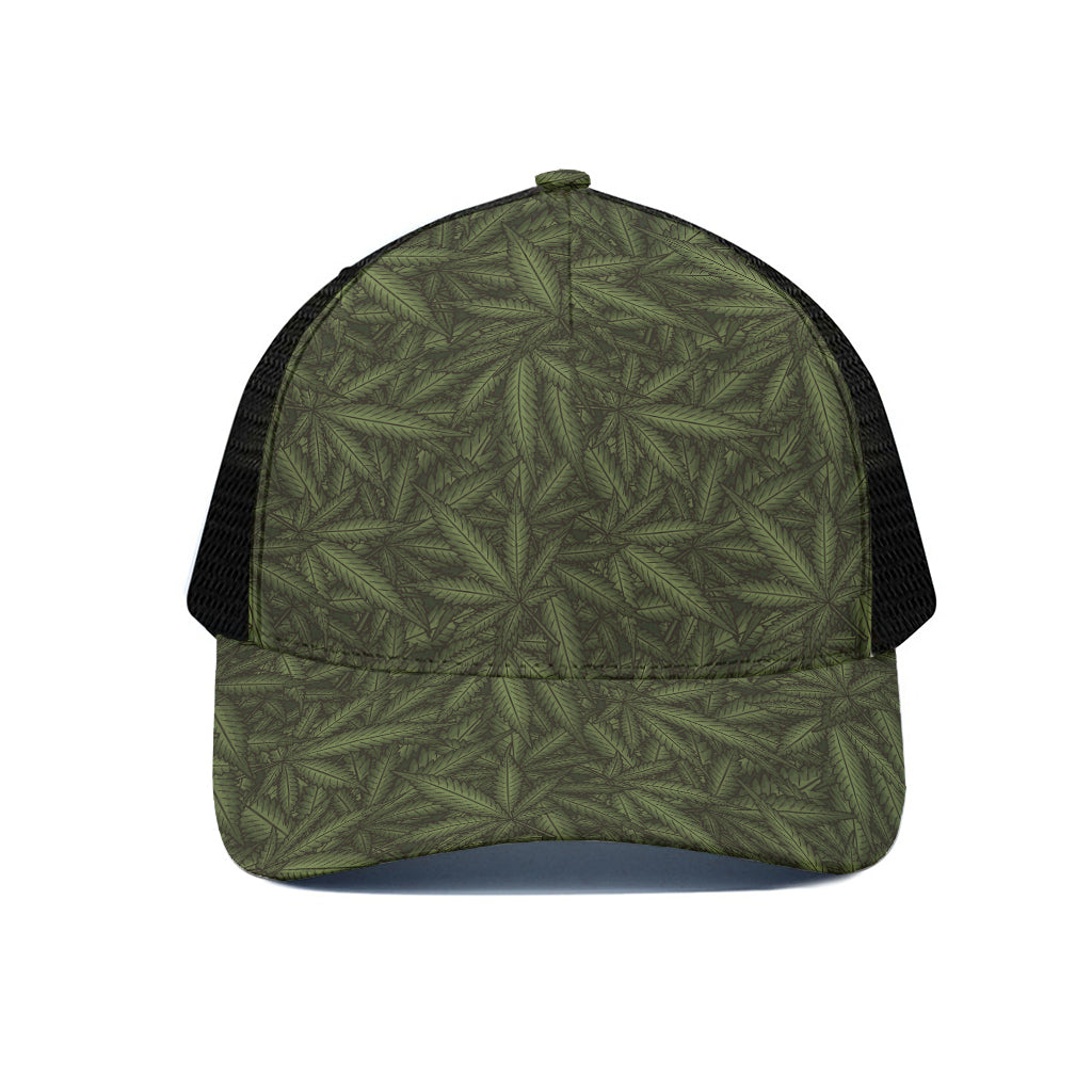 Marijuana Leaf Pattern Print Black Mesh Trucker Cap