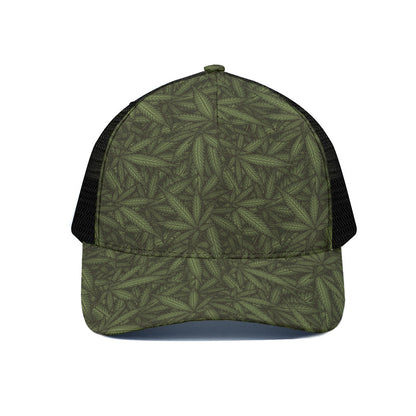 Marijuana Leaf Pattern Print Black Mesh Trucker Cap
