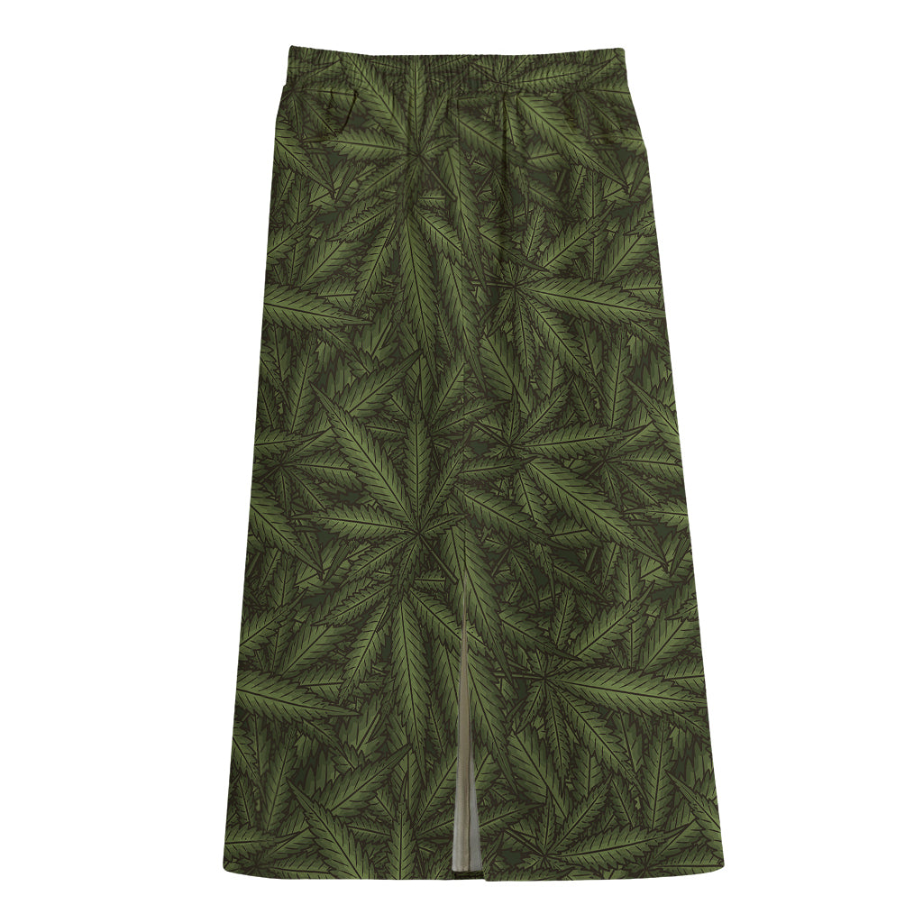 Marijuana Leaf Pattern Print Cotton Front Slit Maxi Skirt