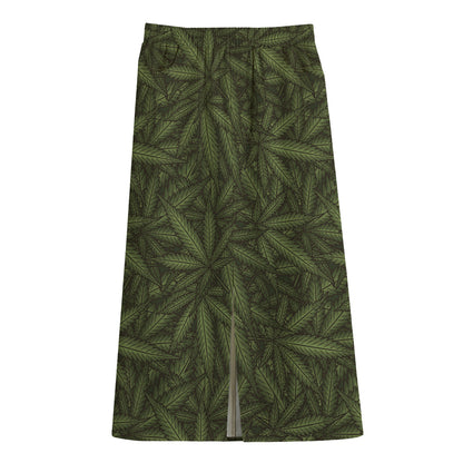 Marijuana Leaf Pattern Print Cotton Front Slit Maxi Skirt