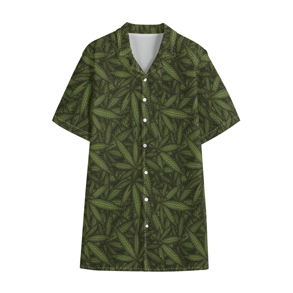 Marijuana Leaf Pattern Print Cotton Hawaiian Shirt