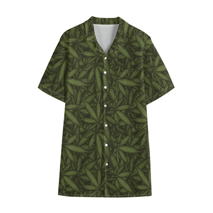 Marijuana Leaf Pattern Print Cotton Hawaiian Shirt