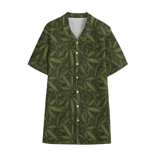 Marijuana Leaf Pattern Print Cotton Hawaiian Shirt