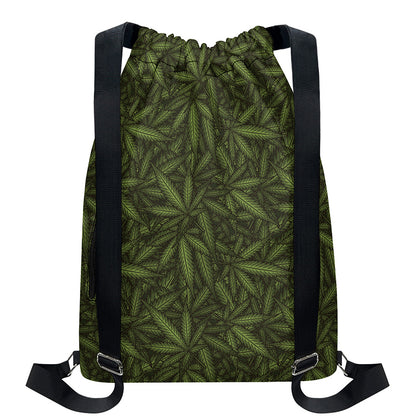 Marijuana Leaf Pattern Print Drawstring Backpack
