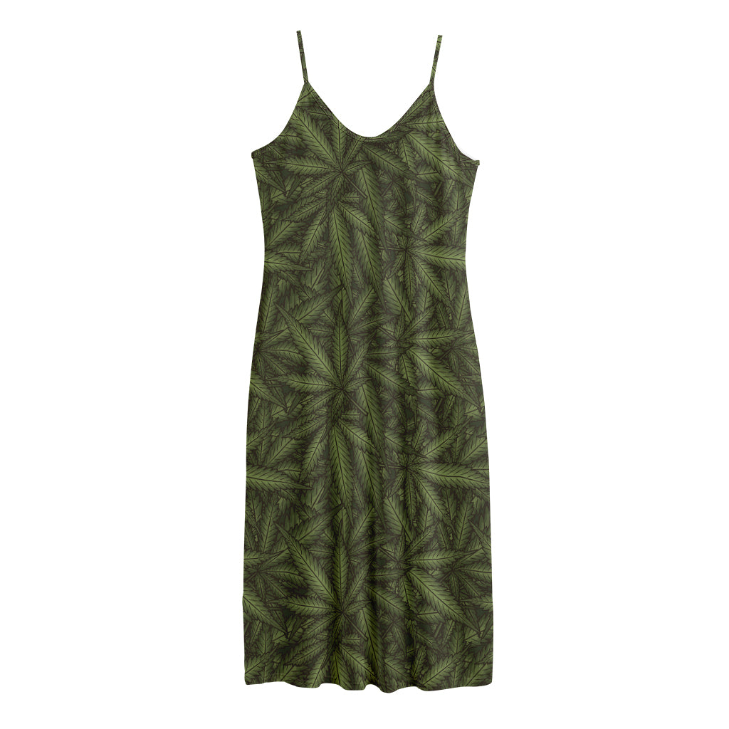 Marijuana Leaf Pattern Print Jersey Midi Cami Dress