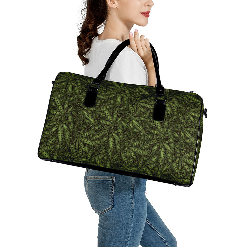 Marijuana Leaf Pattern Print Leather Duffle Bag
