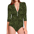 Marijuana Leaf Pattern Print Long Sleeve Swimsuit