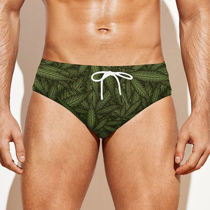 Marijuana Leaf Pattern Print Men's Swim Briefs