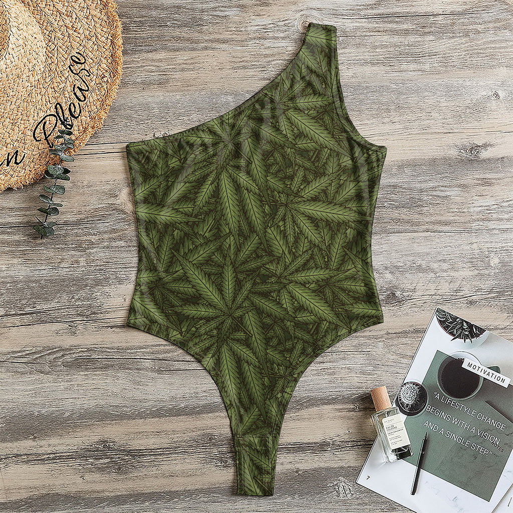 Marijuana Leaf Pattern Print One Shoulder Bodysuit