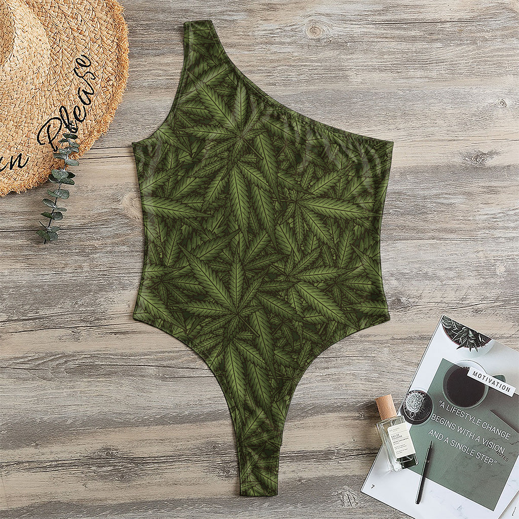 Marijuana Leaf Pattern Print One Shoulder Bodysuit
