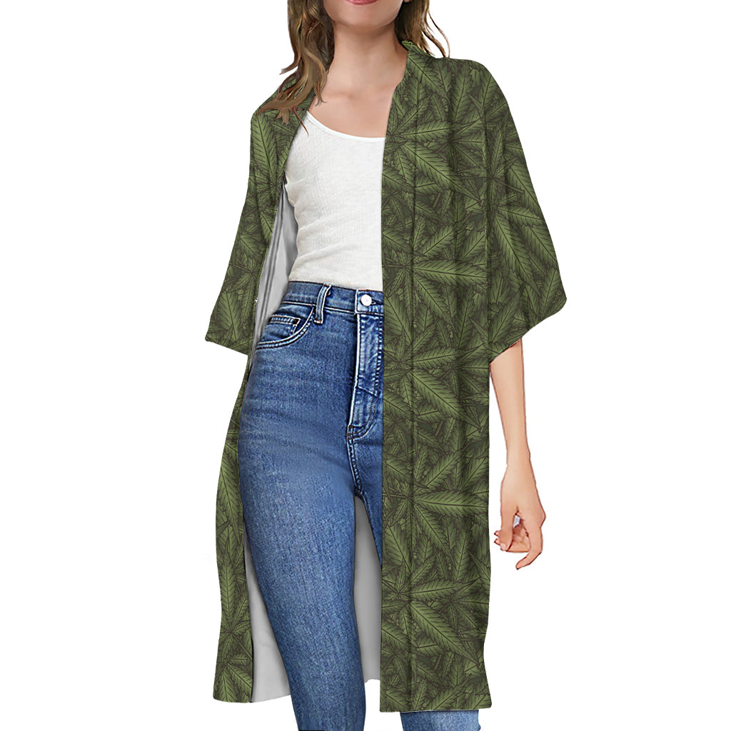 Marijuana Leaf Pattern Print Open Front Beach Cover Up