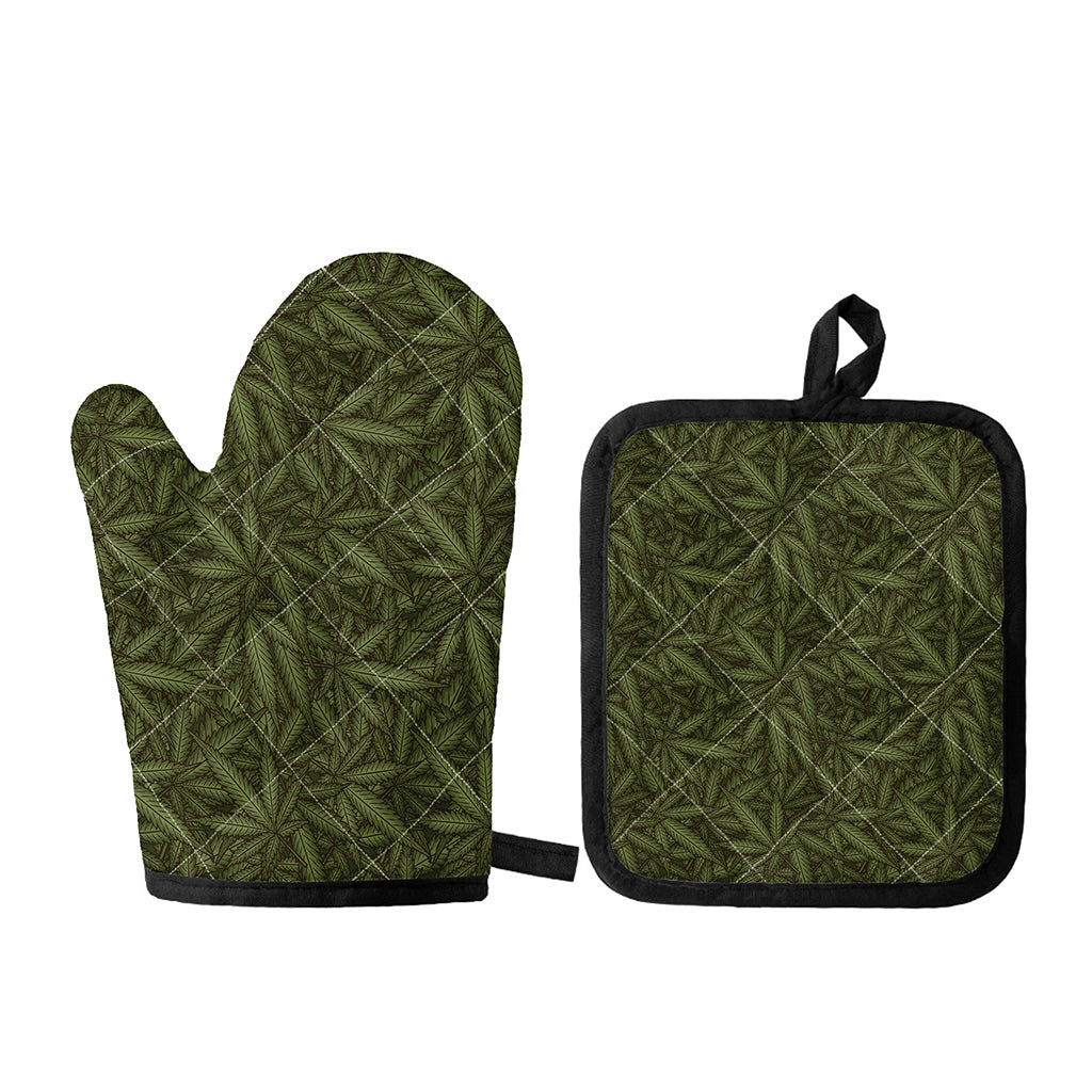 Marijuana Leaf Pattern Print Oven Mitt And Pot Holder Set
