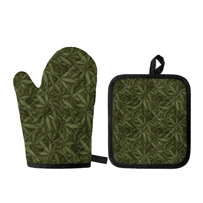 Marijuana Leaf Pattern Print Oven Mitt And Pot Holder Set