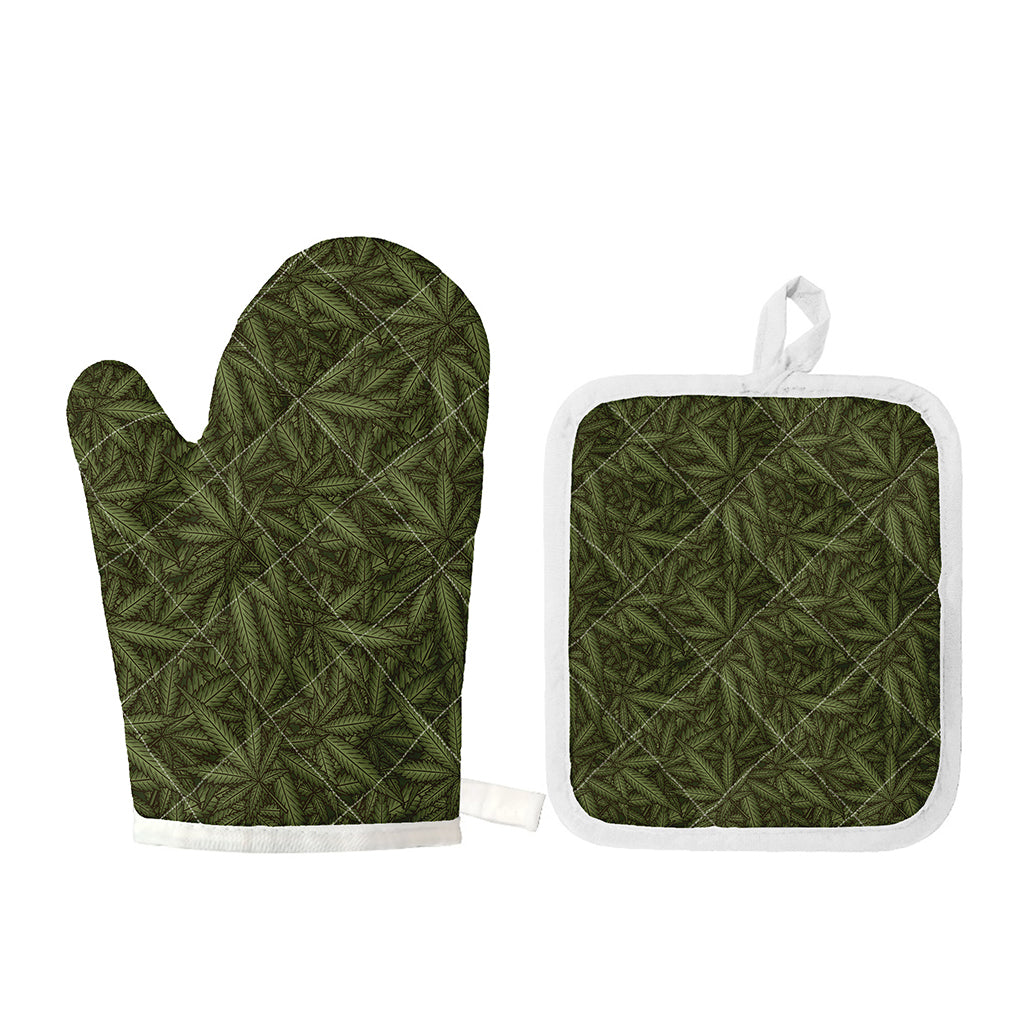 Marijuana Leaf Pattern Print Oven Mitt And Pot Holder Set