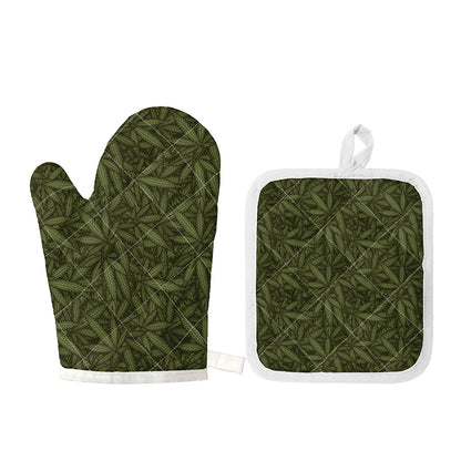 Marijuana Leaf Pattern Print Oven Mitt And Pot Holder Set