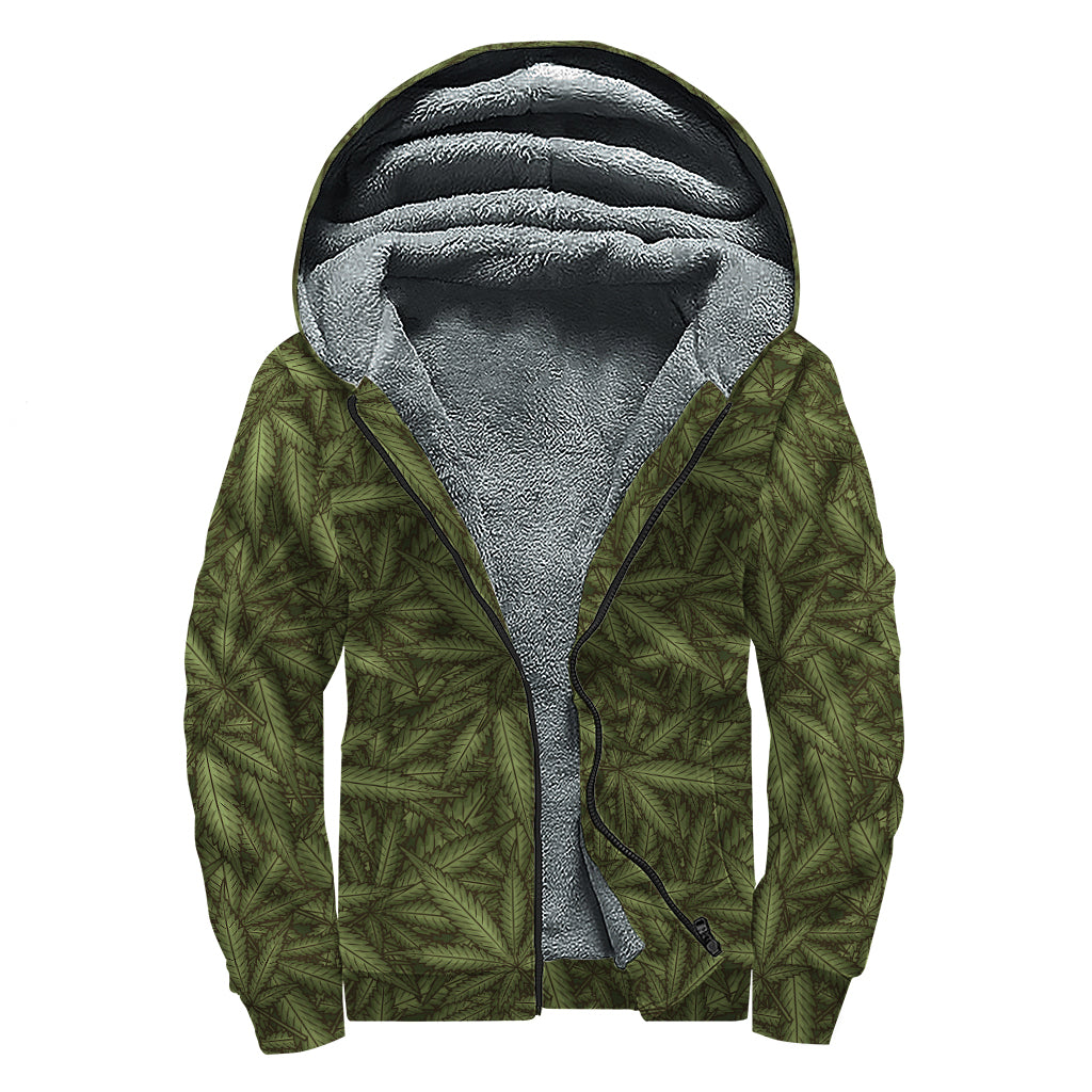 Marijuana Leaf Pattern Print Sherpa Lined Zip Up Hoodie