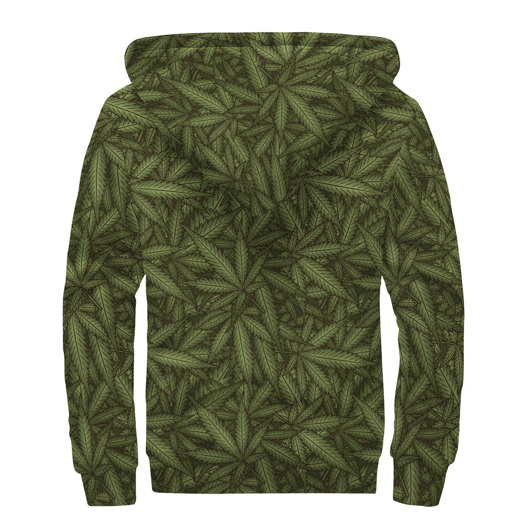 Marijuana Leaf Pattern Print Sherpa Lined Zip Up Hoodie