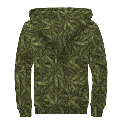 Marijuana Leaf Pattern Print Sherpa Lined Zip Up Hoodie