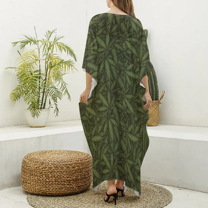 Marijuana Leaf Pattern Print Silk V-Neck Kaftan Dress