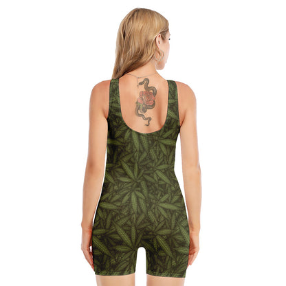 Marijuana Leaf Pattern Print Sleeveless One Piece Swimsuit