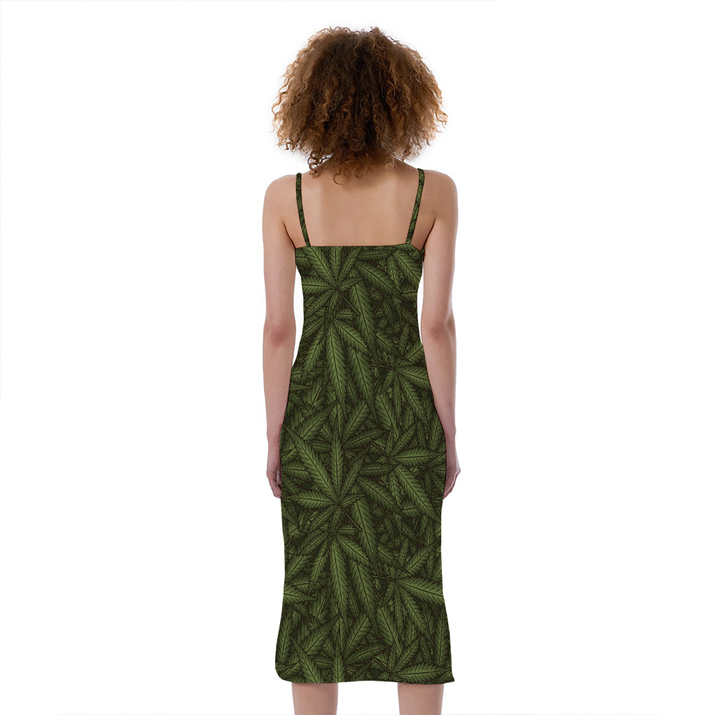 Marijuana Leaf Pattern Print Slim Fit Midi Cami Dress