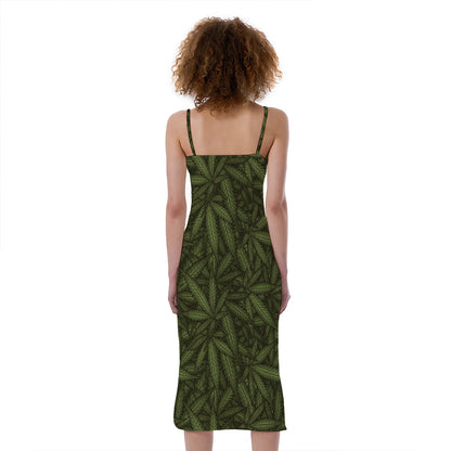 Marijuana Leaf Pattern Print Slim Fit Midi Cami Dress