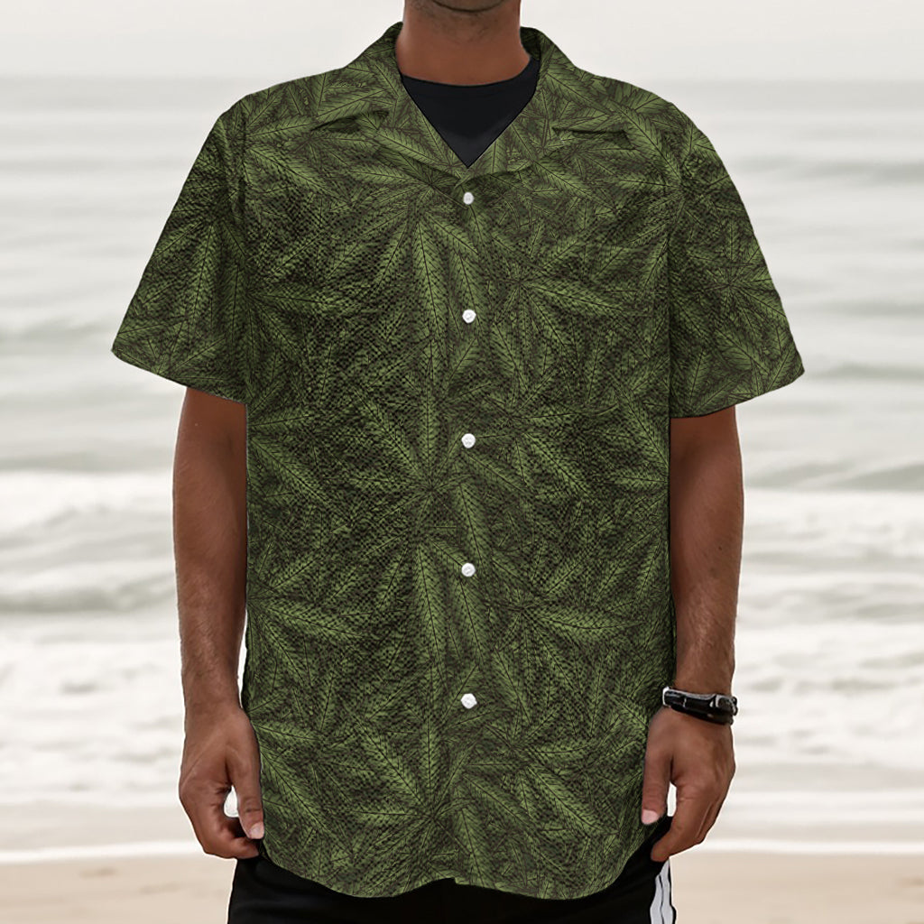 Marijuana Leaf Pattern Print Textured Short Sleeve Shirt