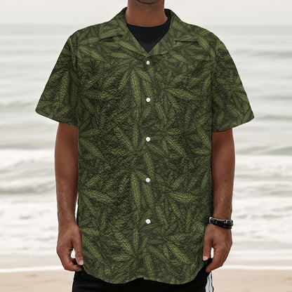 Marijuana Leaf Pattern Print Textured Short Sleeve Shirt