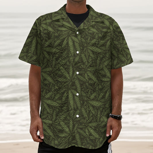 Marijuana Leaf Pattern Print Textured Short Sleeve Shirt