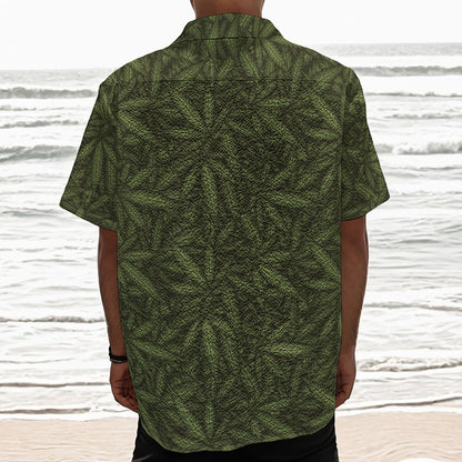 Marijuana Leaf Pattern Print Textured Short Sleeve Shirt