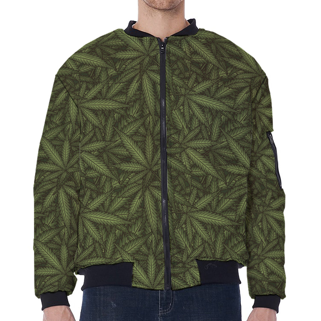 Marijuana Leaf Pattern Print Zip Sleeve Bomber Jacket