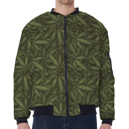 Marijuana Leaf Pattern Print Zip Sleeve Bomber Jacket