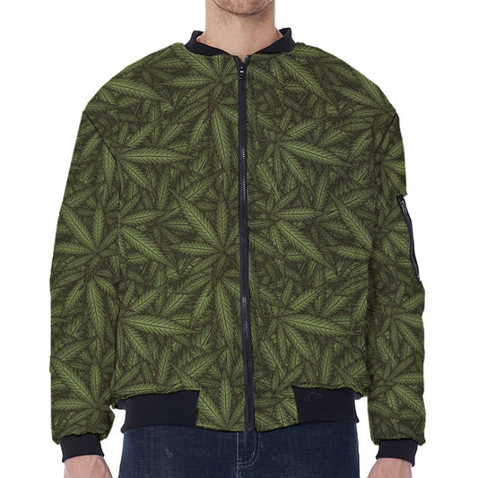 Marijuana Leaf Pattern Print Zip Sleeve Bomber Jacket