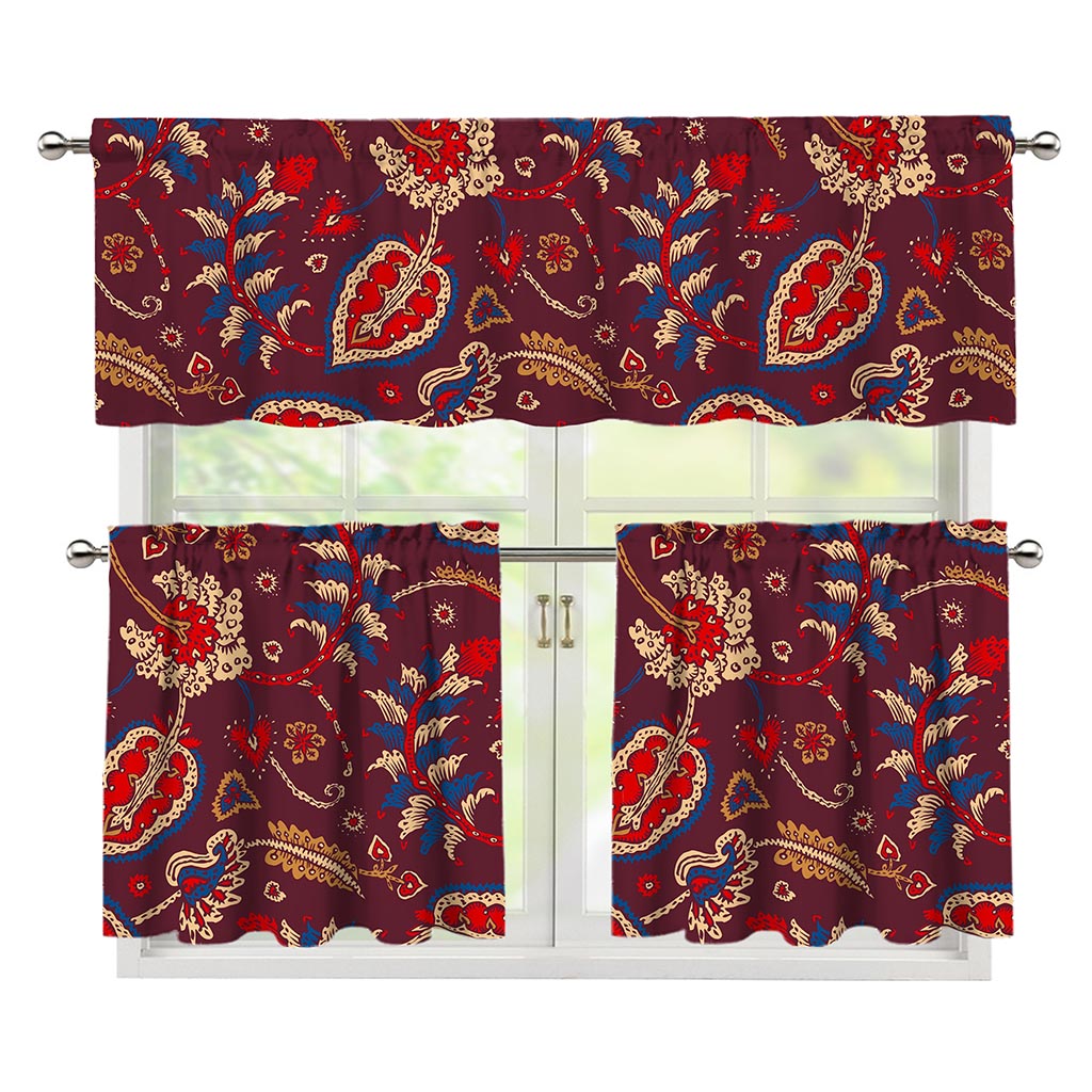 Maroon Vintage Bohemian Floral Print 3 Piece Kitchen Curtains