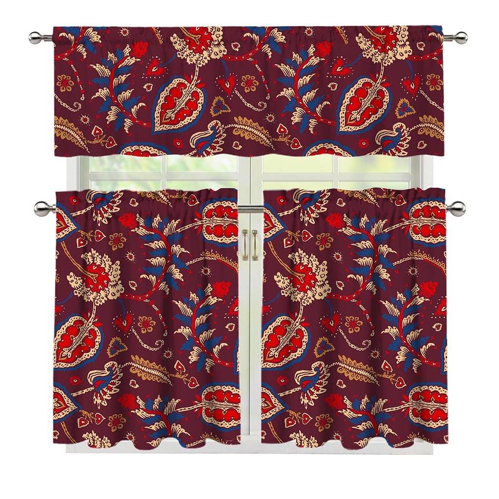Maroon Vintage Bohemian Floral Print 3 Piece Kitchen Curtains