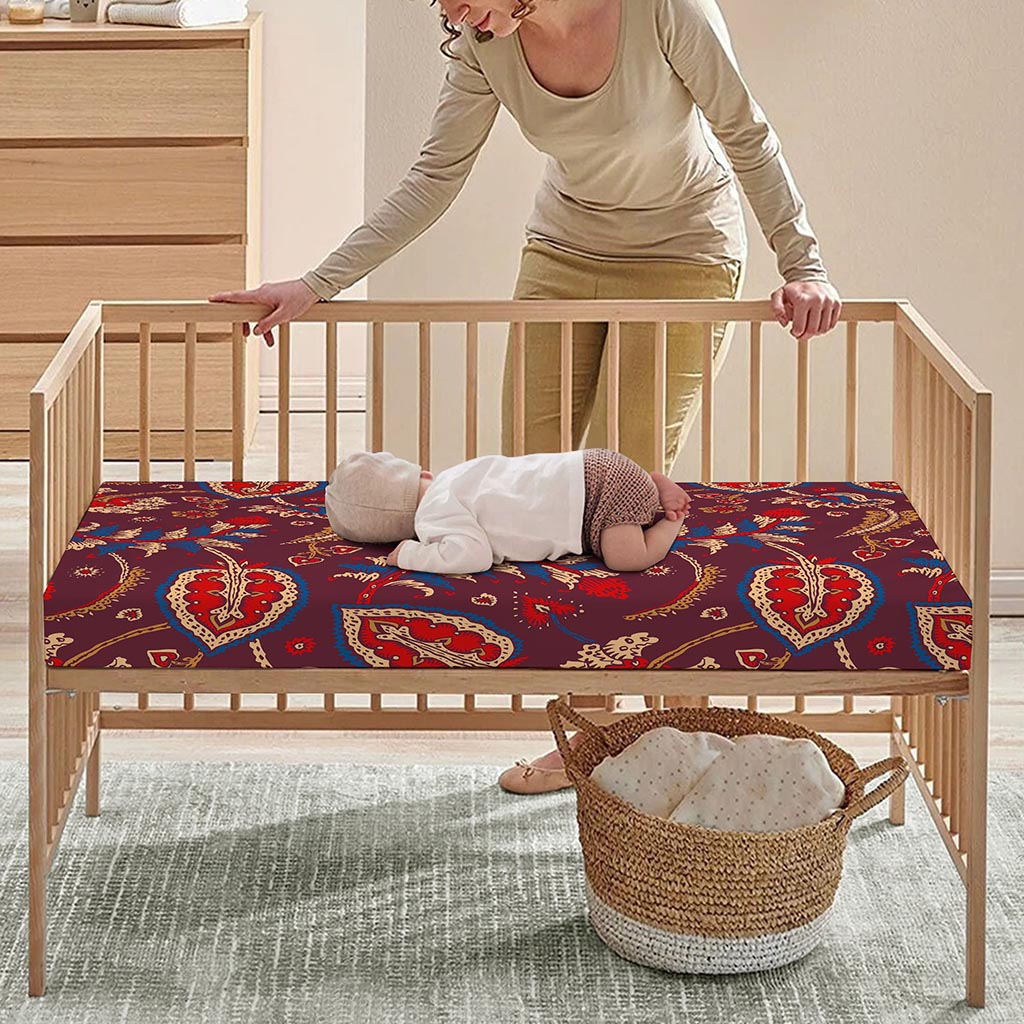 Maroon Vintage Bohemian Floral Print Baby Crib Sheet
