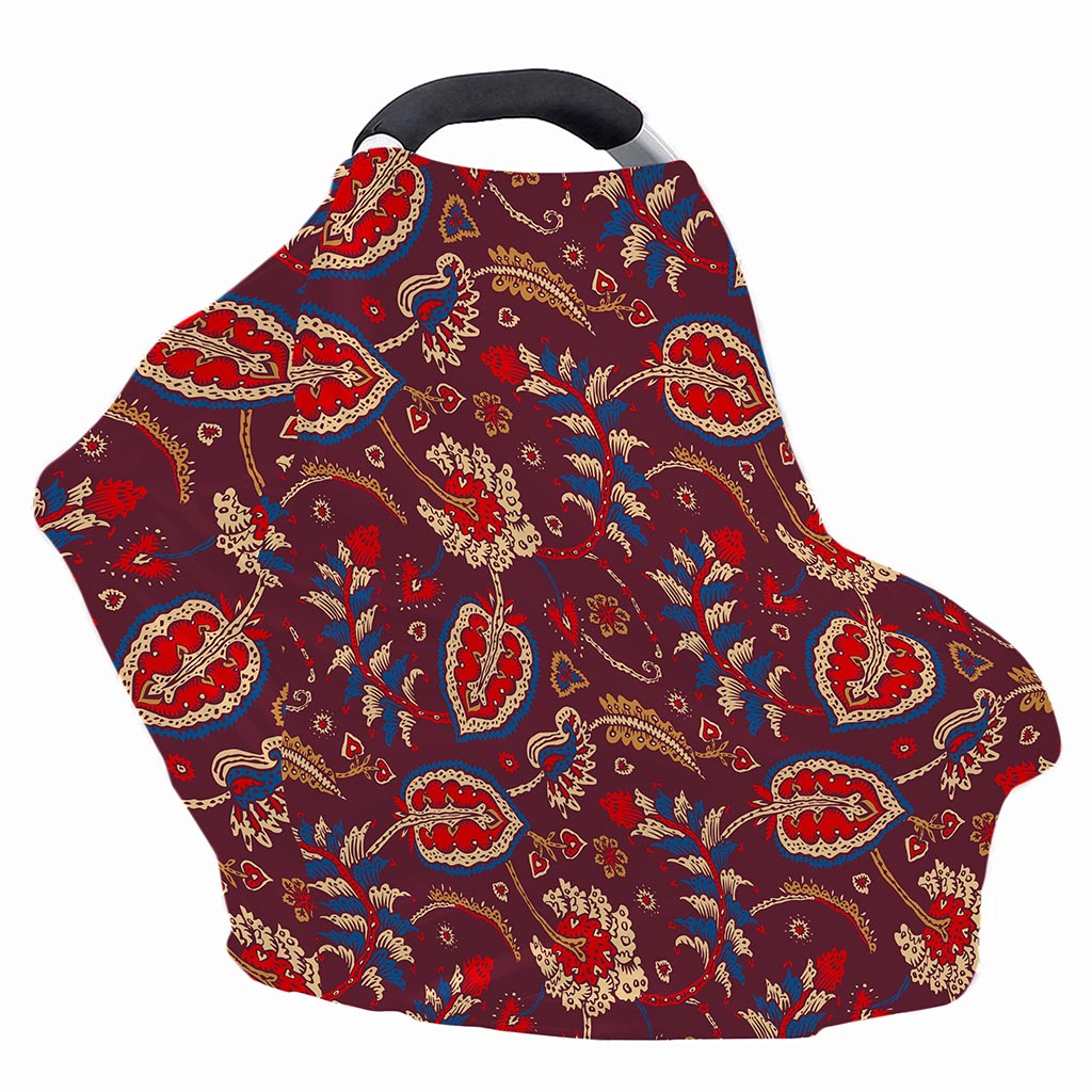 Maroon Vintage Bohemian Floral Print Baby Seat Cover