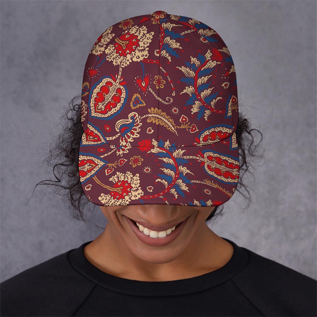 Maroon Vintage Bohemian Floral Print Baseball Cap