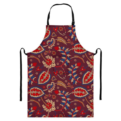 Maroon Vintage Bohemian Floral Print Bib Apron With Pocket