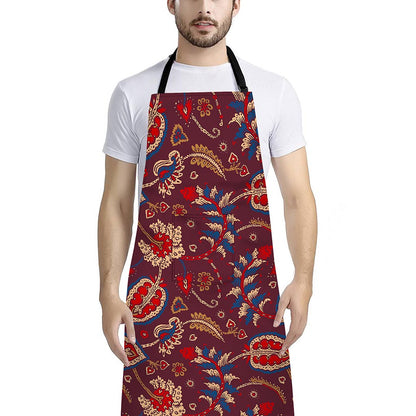 Maroon Vintage Bohemian Floral Print Bib Apron With Pocket