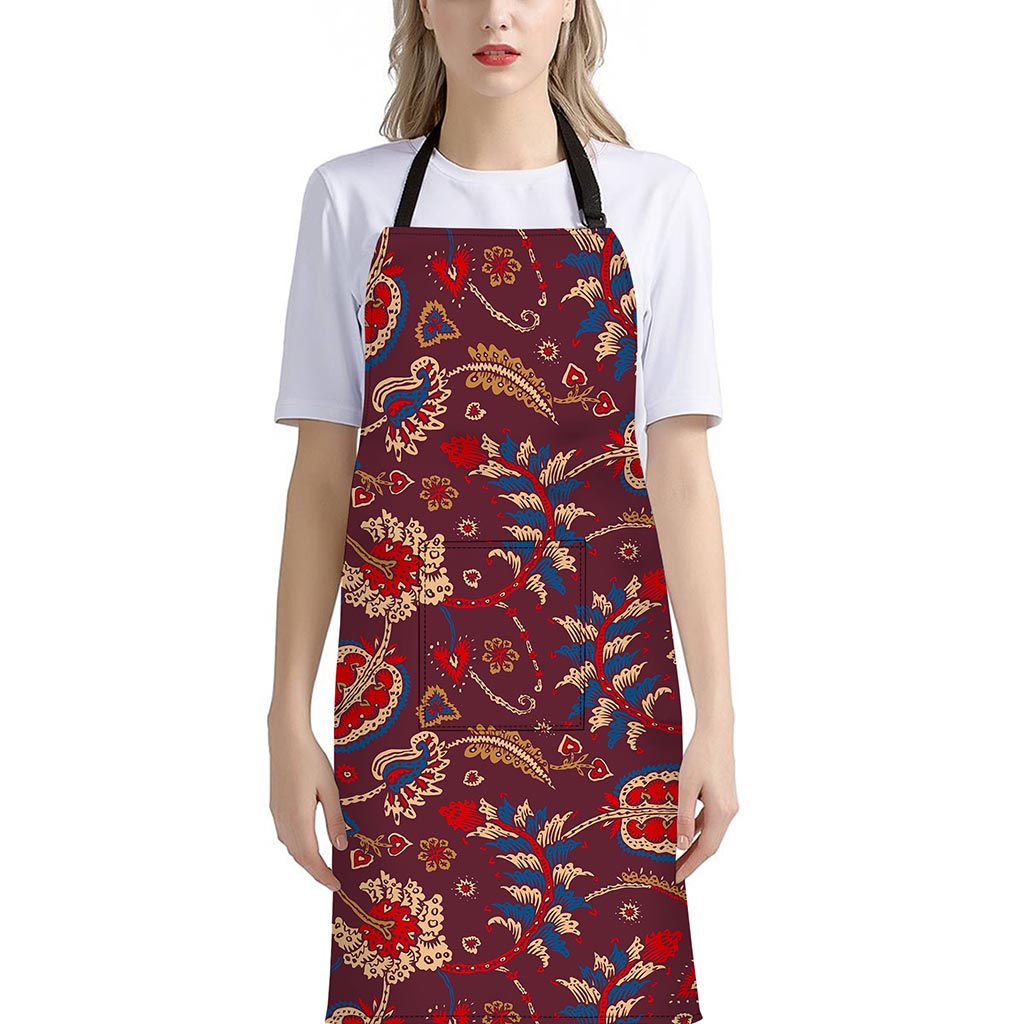Maroon Vintage Bohemian Floral Print Bib Apron With Pocket