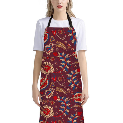Maroon Vintage Bohemian Floral Print Bib Apron With Pocket