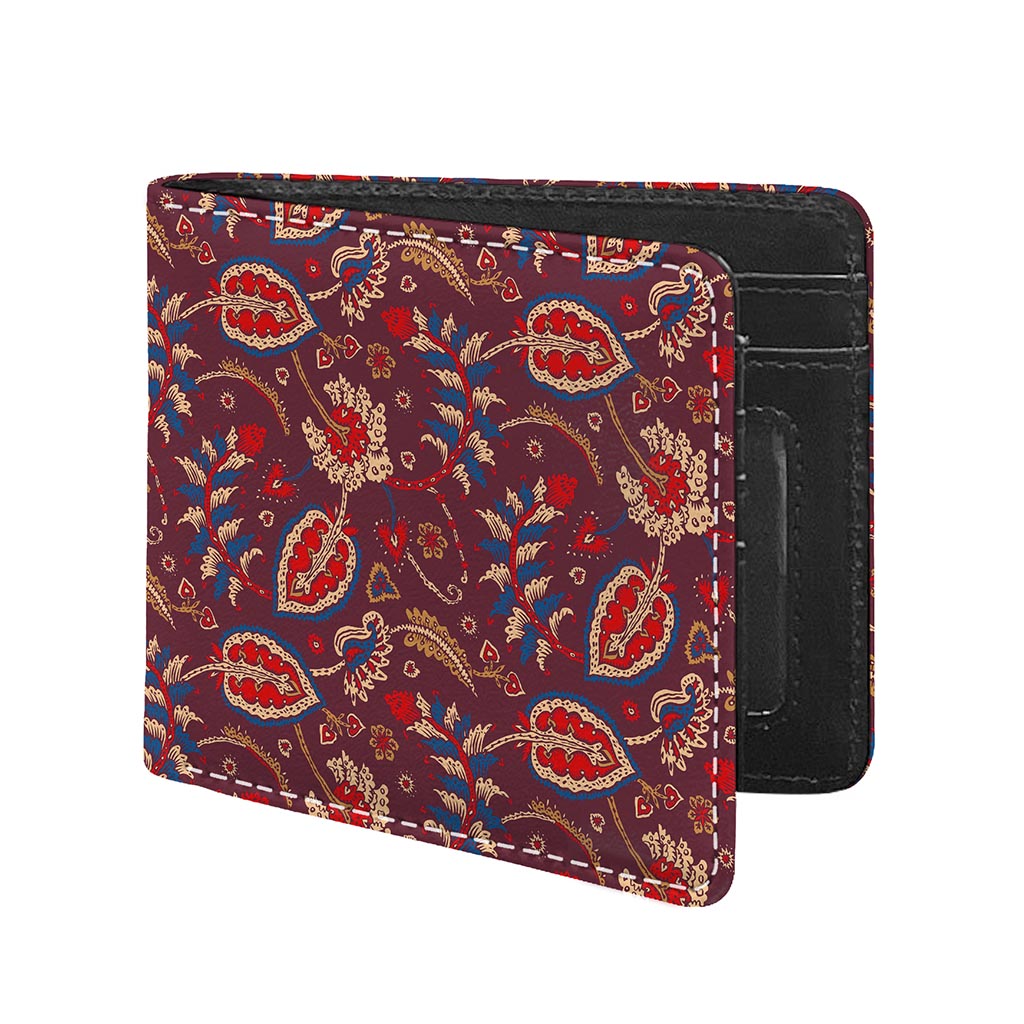 Maroon Vintage Bohemian Floral Print Bifold Wallet